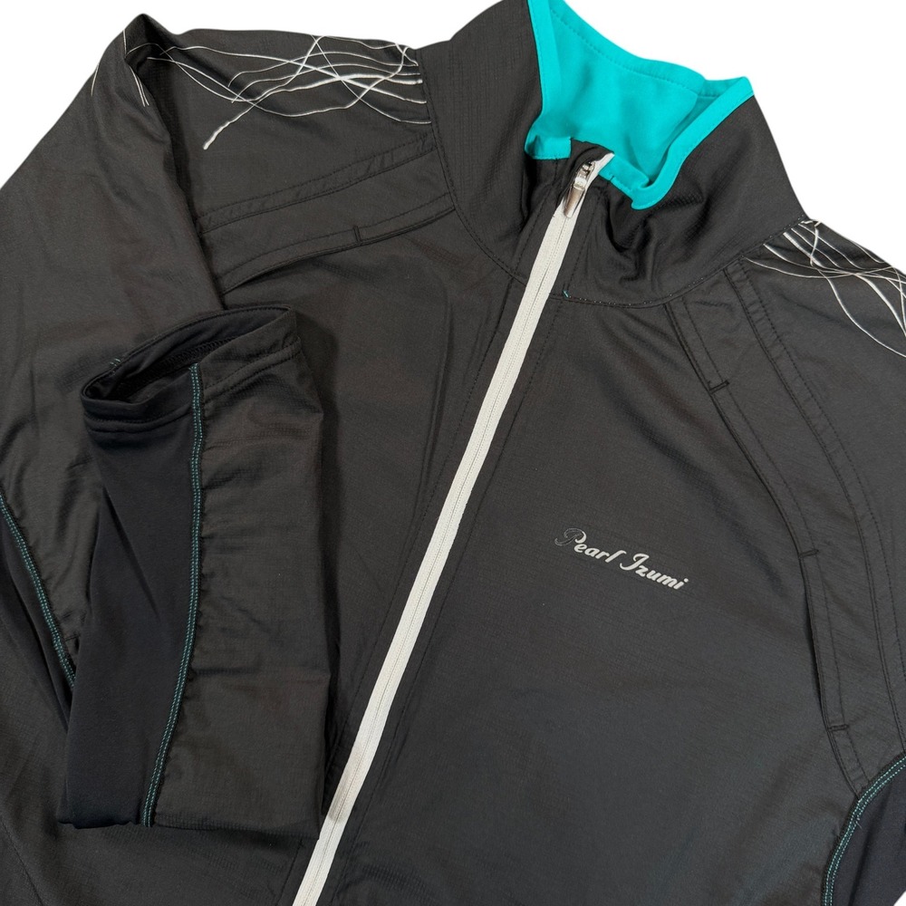 PEARL IZUMI Elite Cycling Jacket Womens L Black Teal Full Zip Windbreaker